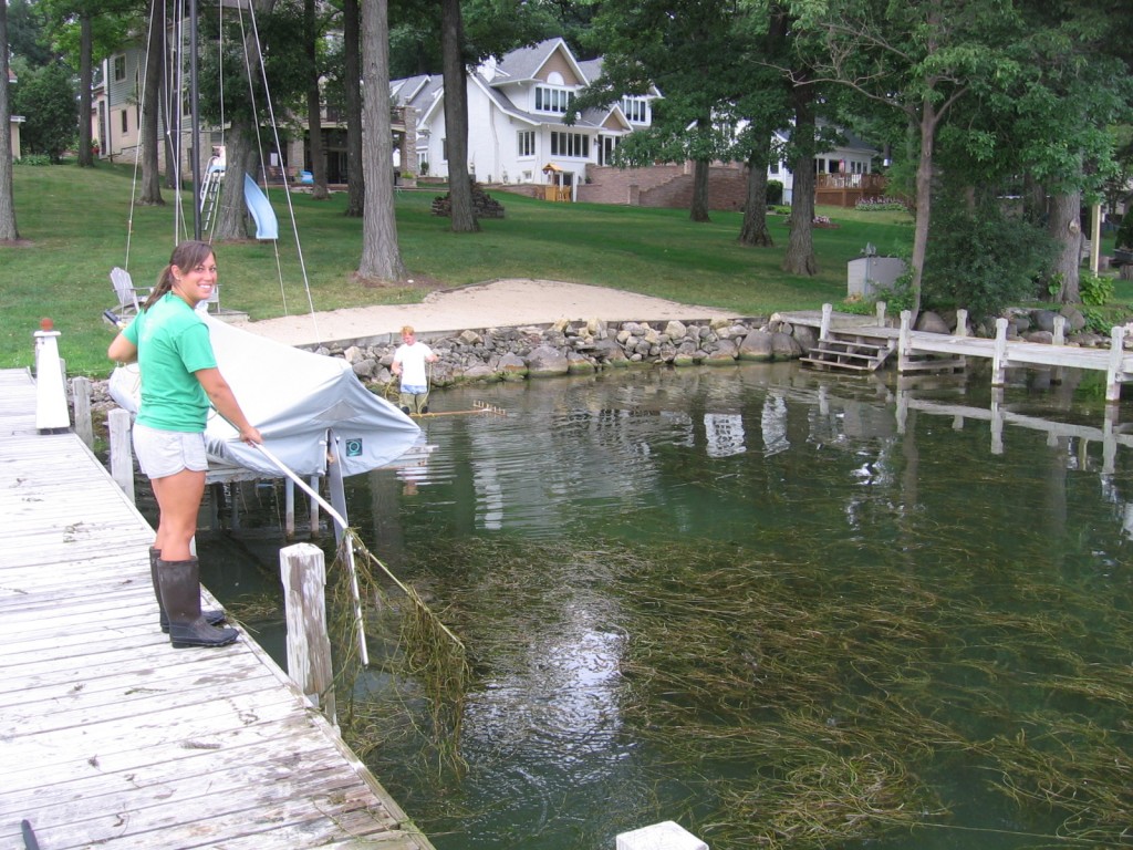 girl on dock pulling in weed rake on a rope